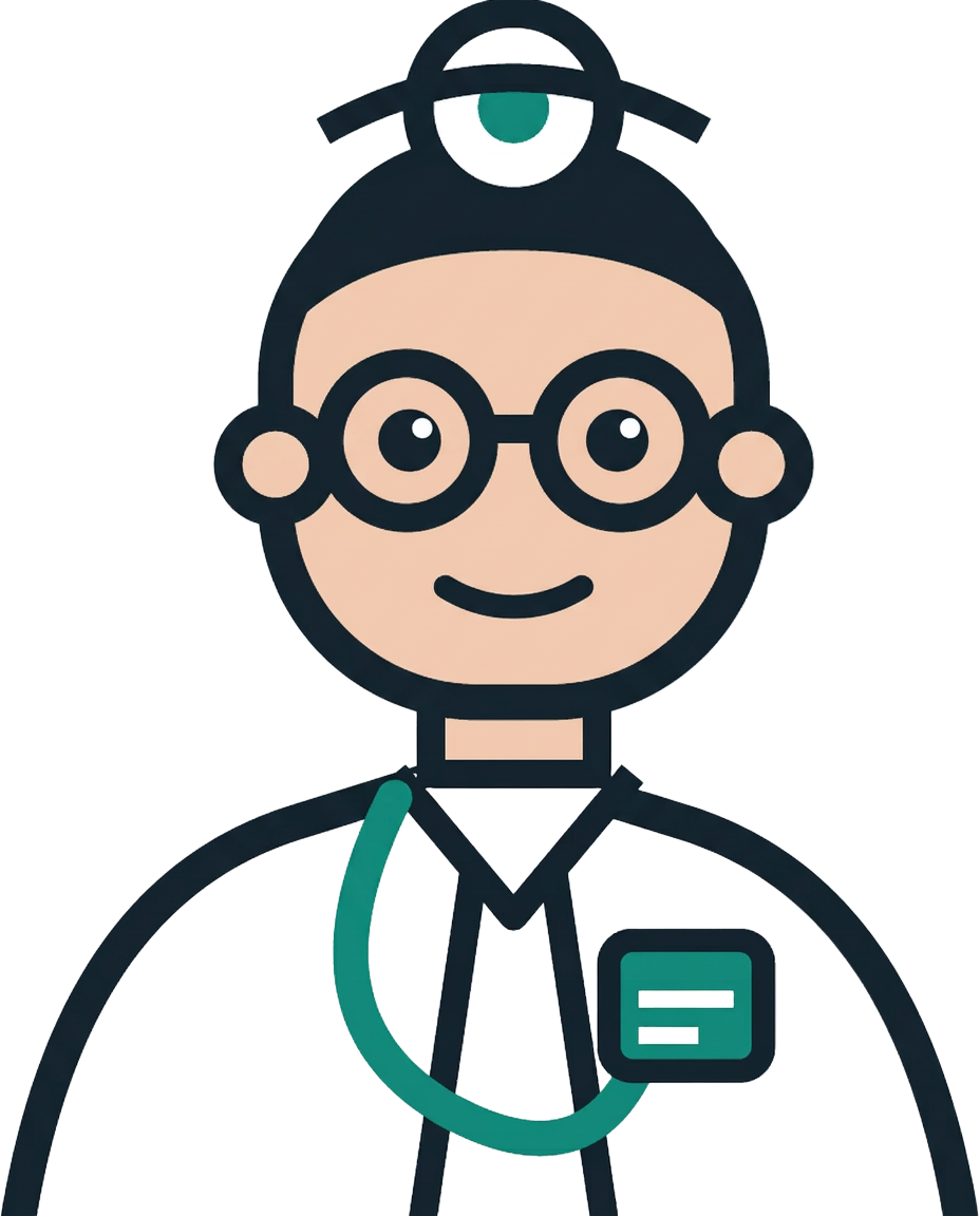 Dr Intranet, a cartoon doctor with round glasses, head mirror and stethoscope